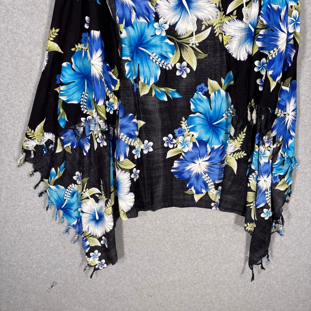 Aloha Fashion Hawaiian Sarong Wrap OS Black Blue Floral Hibiscus Tropical Tassel